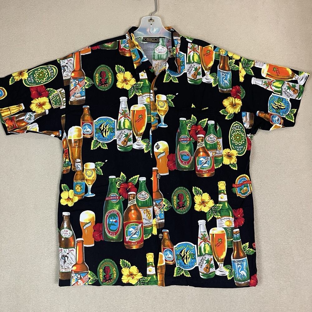 Manzini Collection Shirt‎ Mens L Black Vintage Beer Bottles Hawaiian Button Up